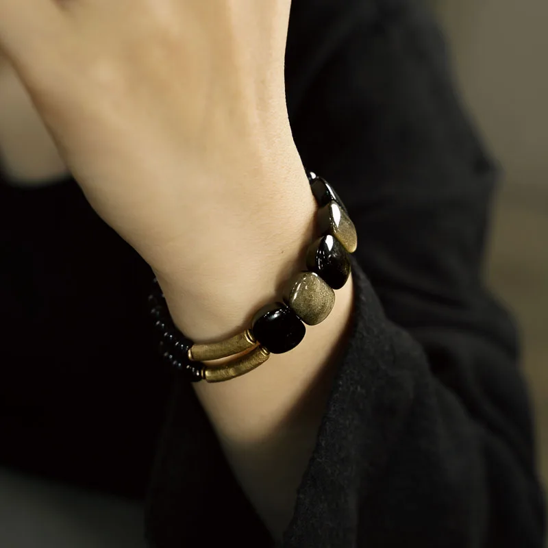 Natrual Golden Obsidian Stone Brass Bracelet Metal Two Row Beaded Small Beads Romantic Peace Unisex Punk Street Black Jewelry
