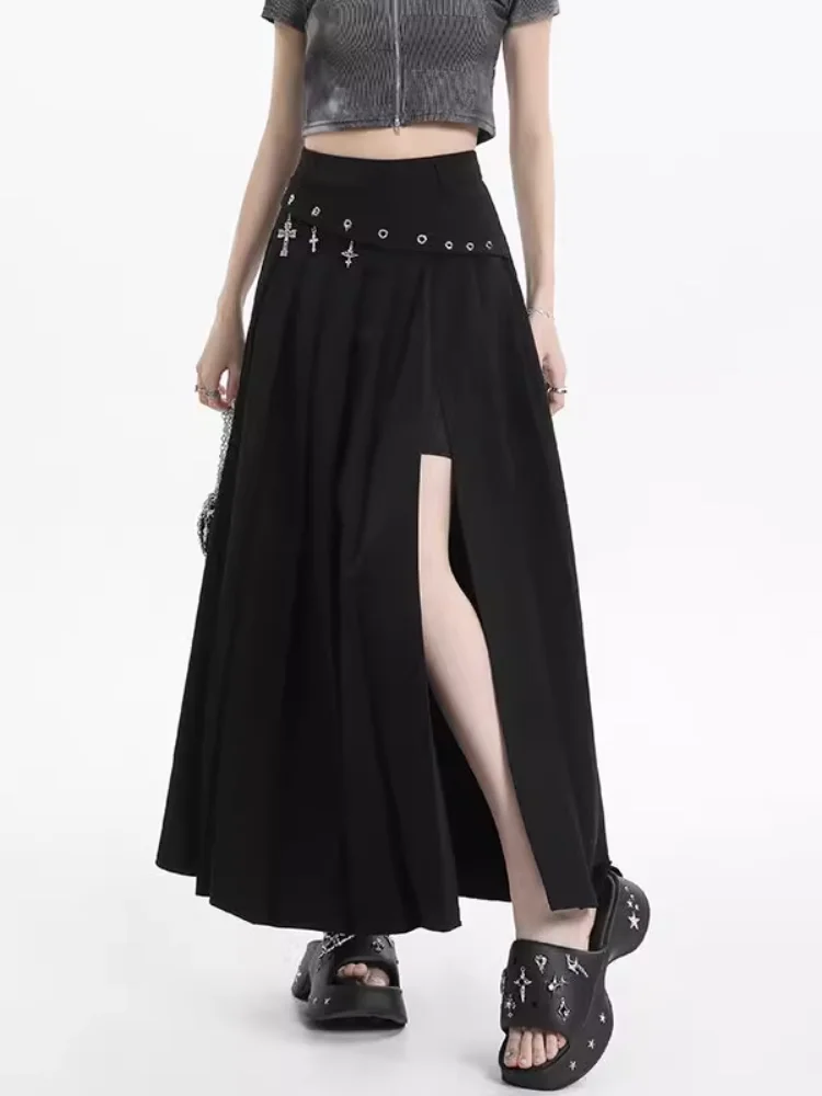 

High Waist A Line Black Skirt Women Slim Fit Sexy Slit Fold Skirts Summer High Quality Solid Temperament Skirt Korean