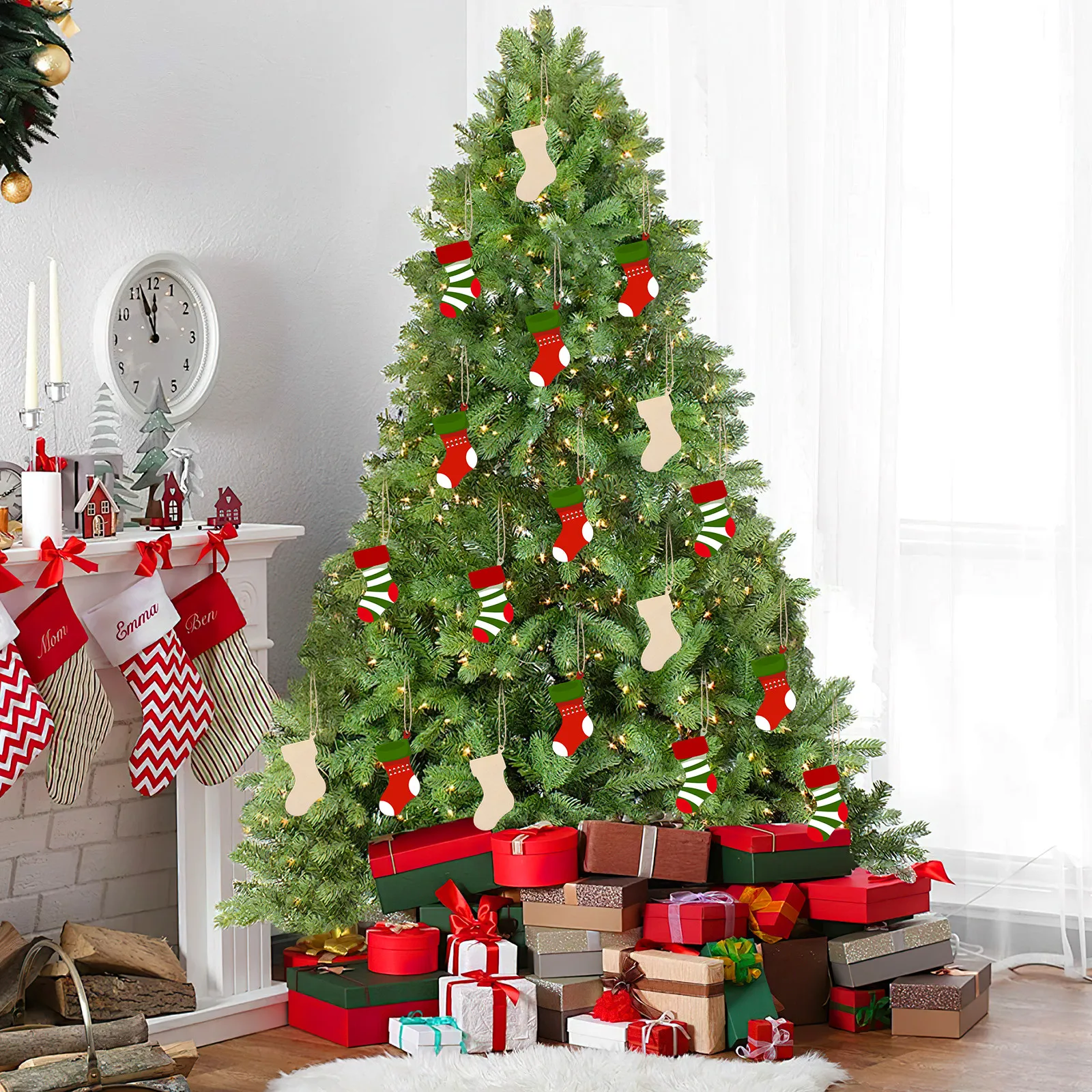 50 Pcs Wooden Christmas Stocking Ornaments Blank Cutouts for DIY Crafts Tree Hanging Holiday Decorations