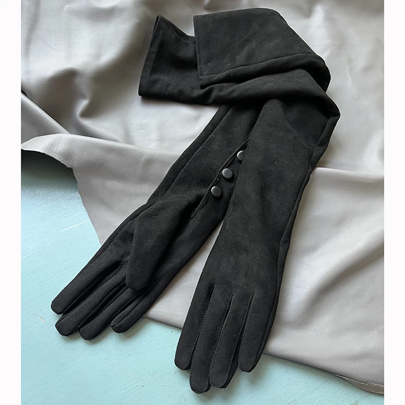 Customized real sheepskin long gloves black, snap buckle, soft Suede