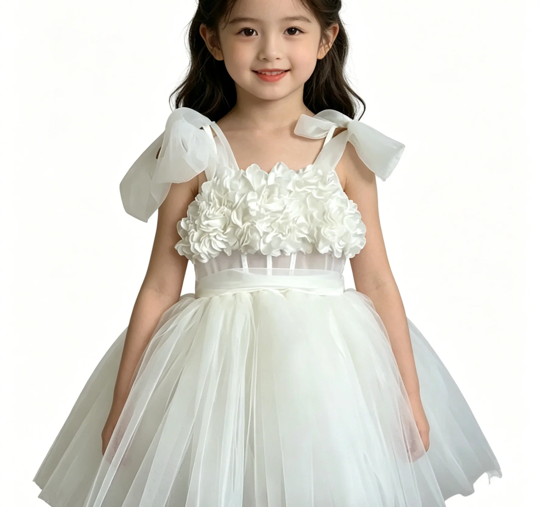 Prinzessin weiße Blumenmädchenkleider für Hochzeit, ärmellos, Tüll, knielang, Kindergeburtstagskleider, Erstkommunionkleider, individuell