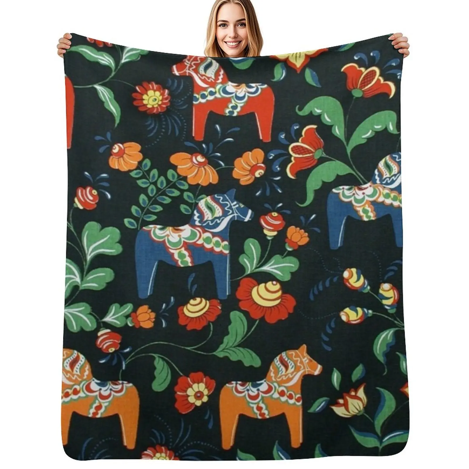 BEST SELLER - Swedish Dala Horse Throw Blanket Travel Size Cozy Blanket for Plane Train
