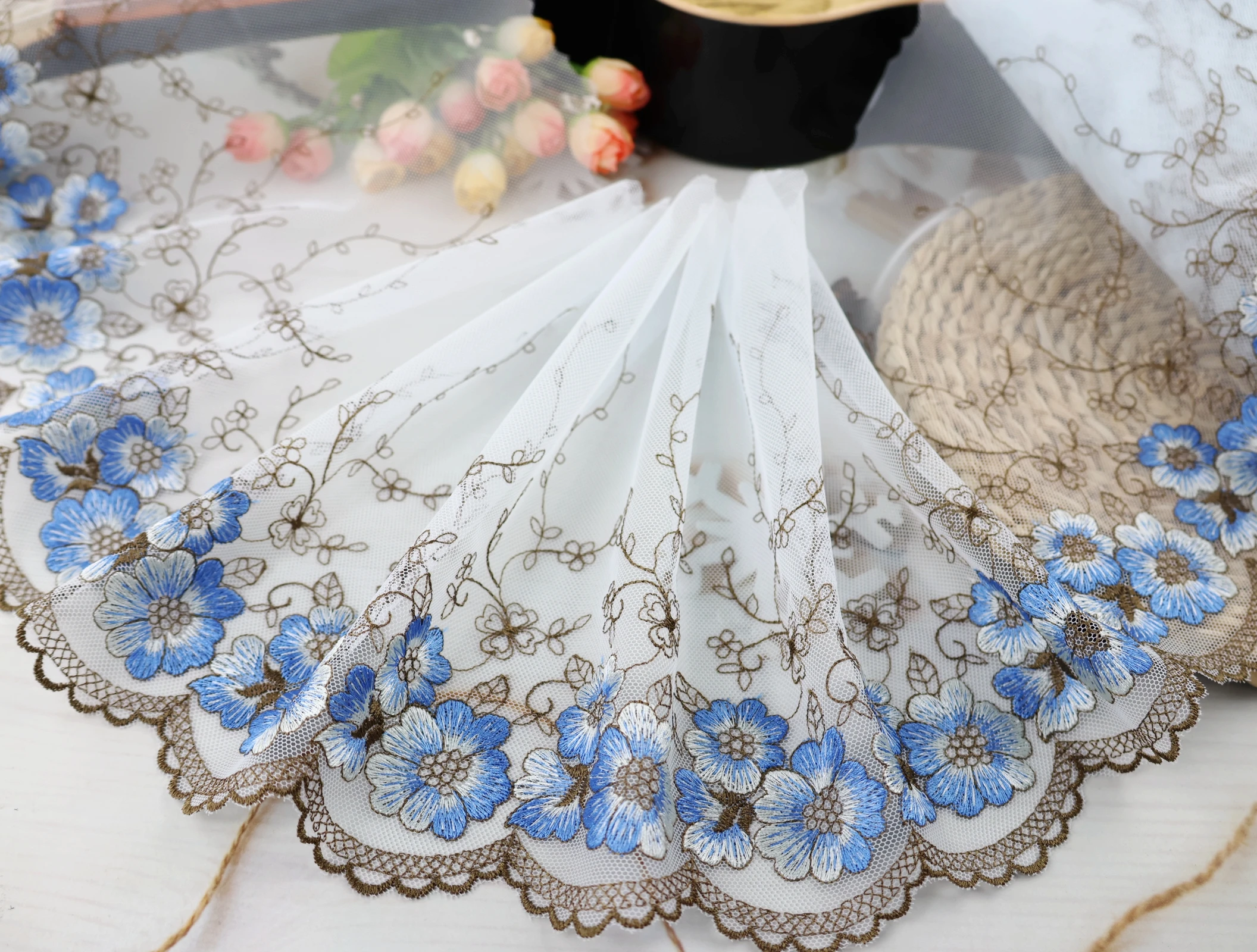 Wholesale lot 22CM wide 1yard Delicate Blue Embroidered flower tulle Lace Trim sewing Craft DIY Trimming Decor