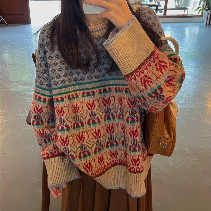 Pull Jacquard tricoté ample à col rond pour femme, coupe rétro, manches longues, décontracté, mode coréenne, Style paresseux, automne/hiver