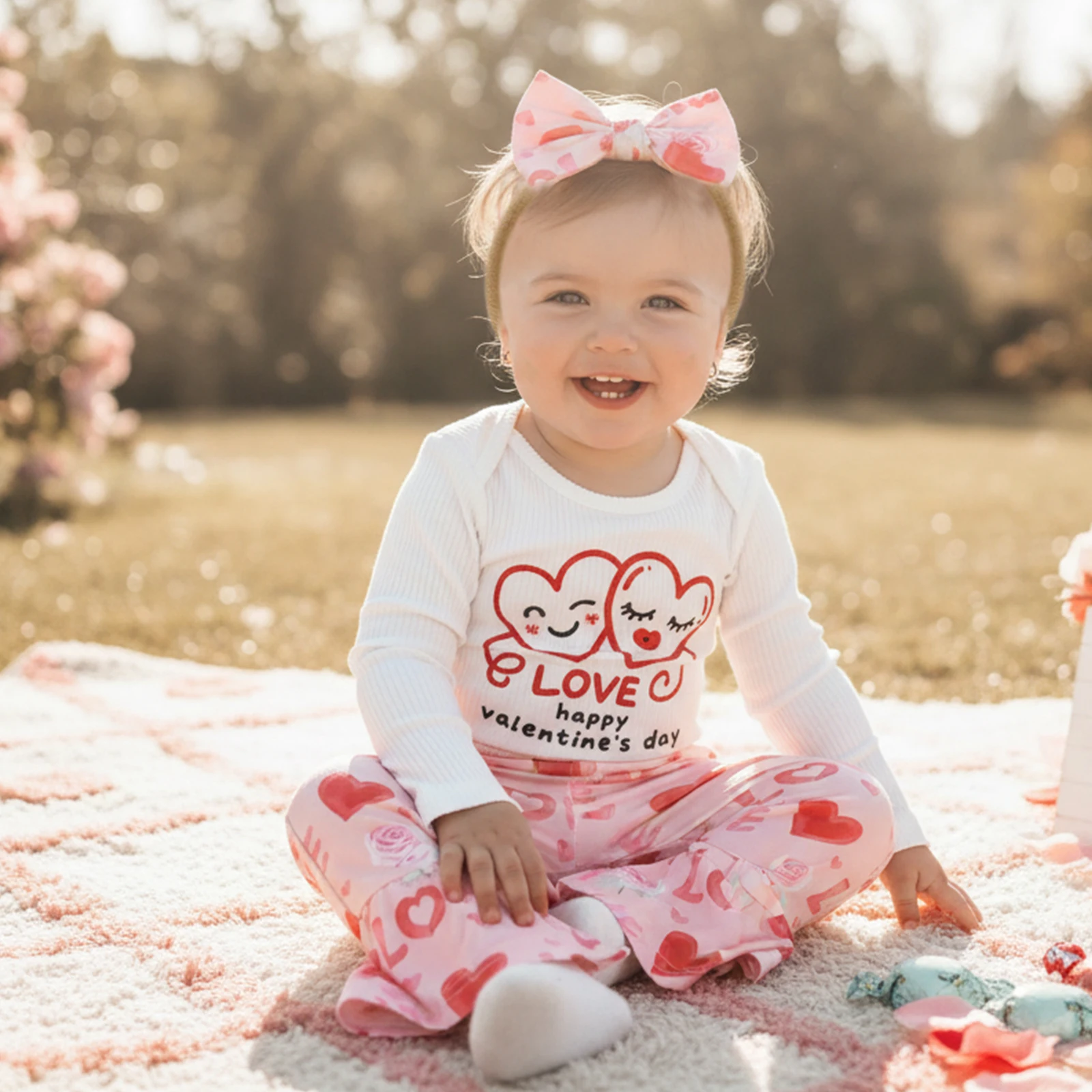 

Blotona Baby Girl Valentine‘s Day Outfits Long Sleeve Crew Neck Heart Print Romper Elastic Waist Flared Pants and Headband