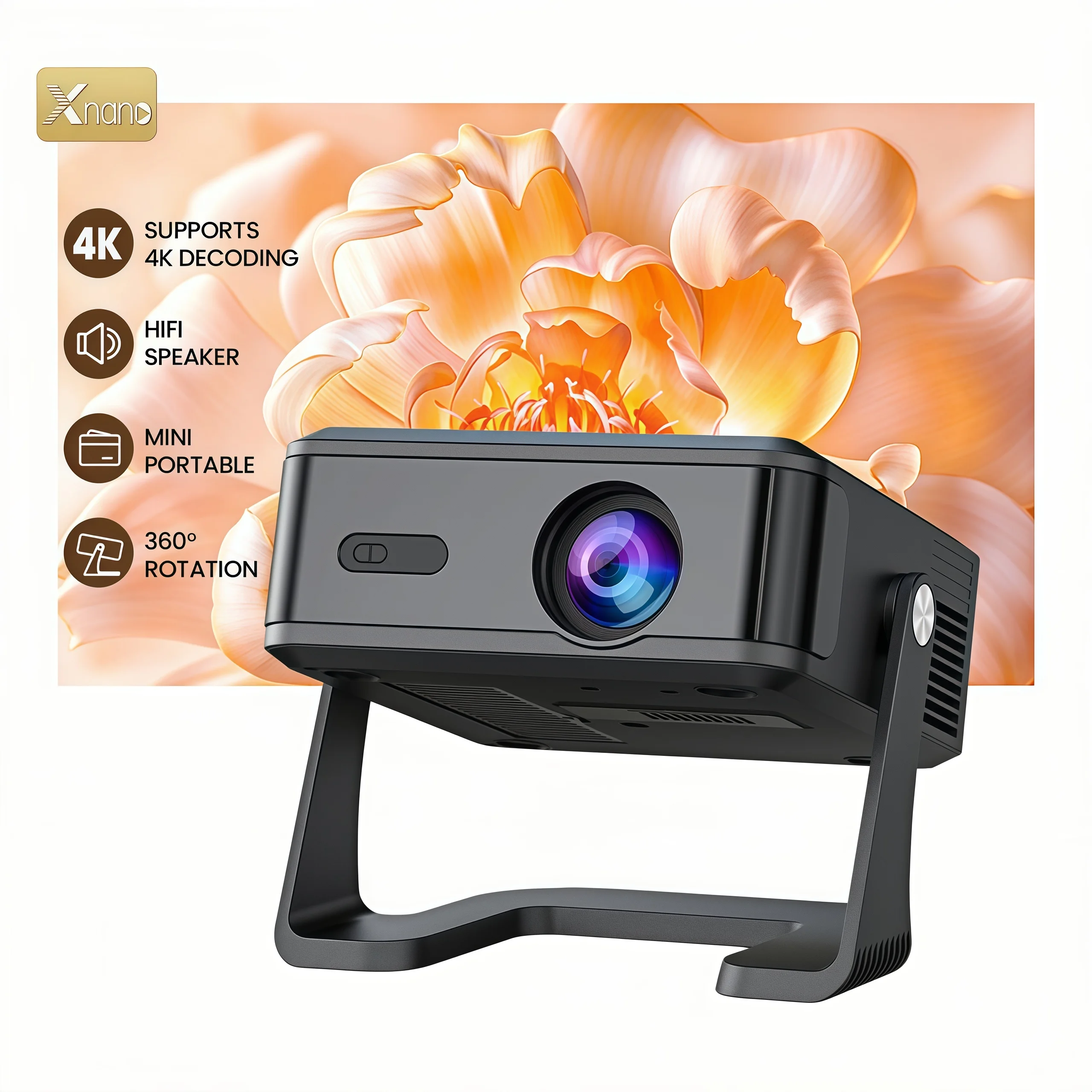 Xnano HA120-A Android 14 Projector 300ANSI Native 720P RGB Light WiFi 6 BT5.4 Auto Focus Mini Portable Home Cinema Beamer