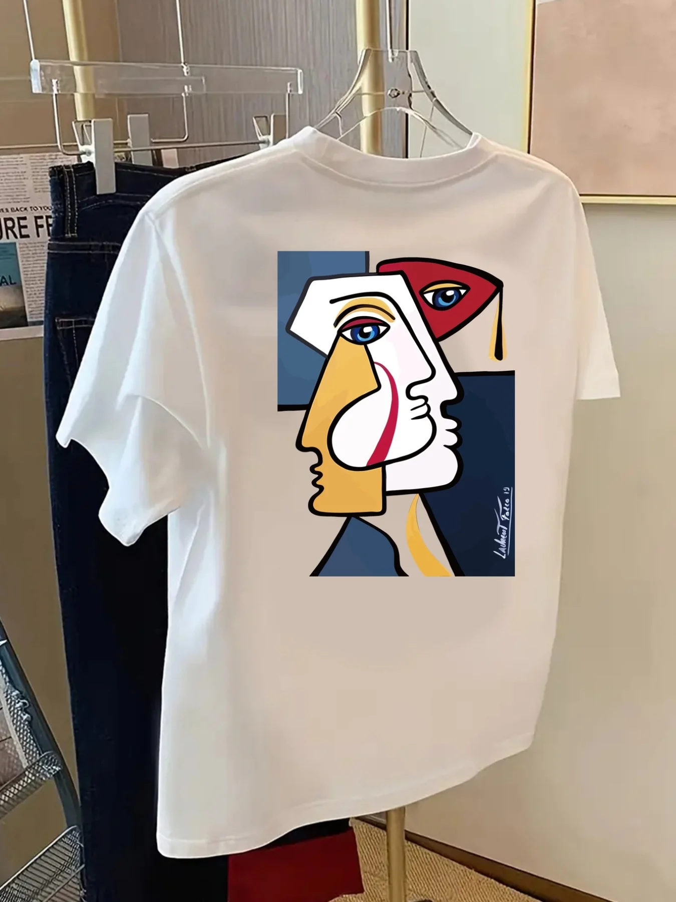 Spring Summer Men Cotton T‑Shirt, Cubism Style Art Graphic Print, Picasso Inspired Crew‑neck Casual Streetwear Short‑Sleeve Tops