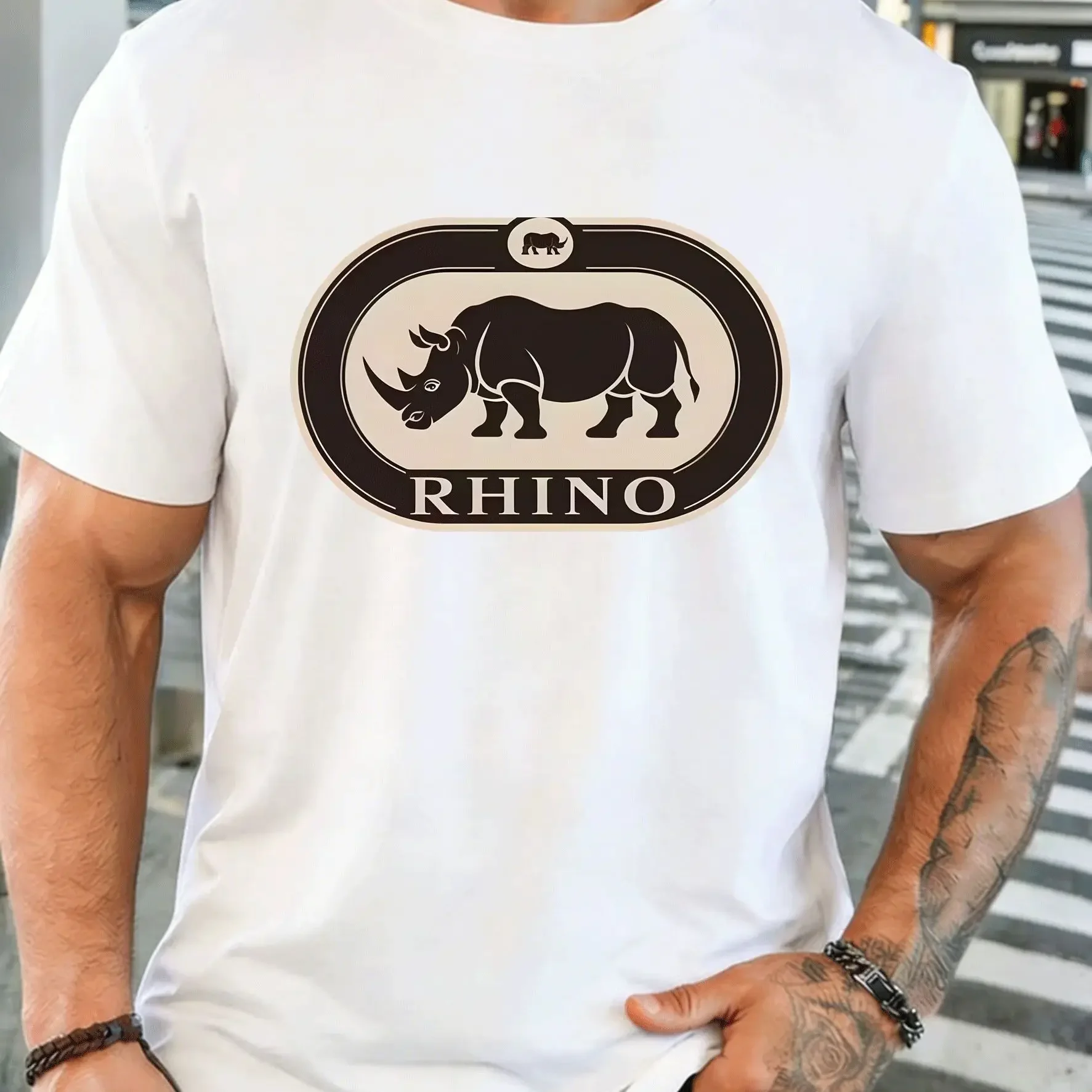 Men's T - Shirt Casual Trendy Street Style Black Short  with Rhino  Men's Fashion for Adults Men Casual Wear Daily Outfit