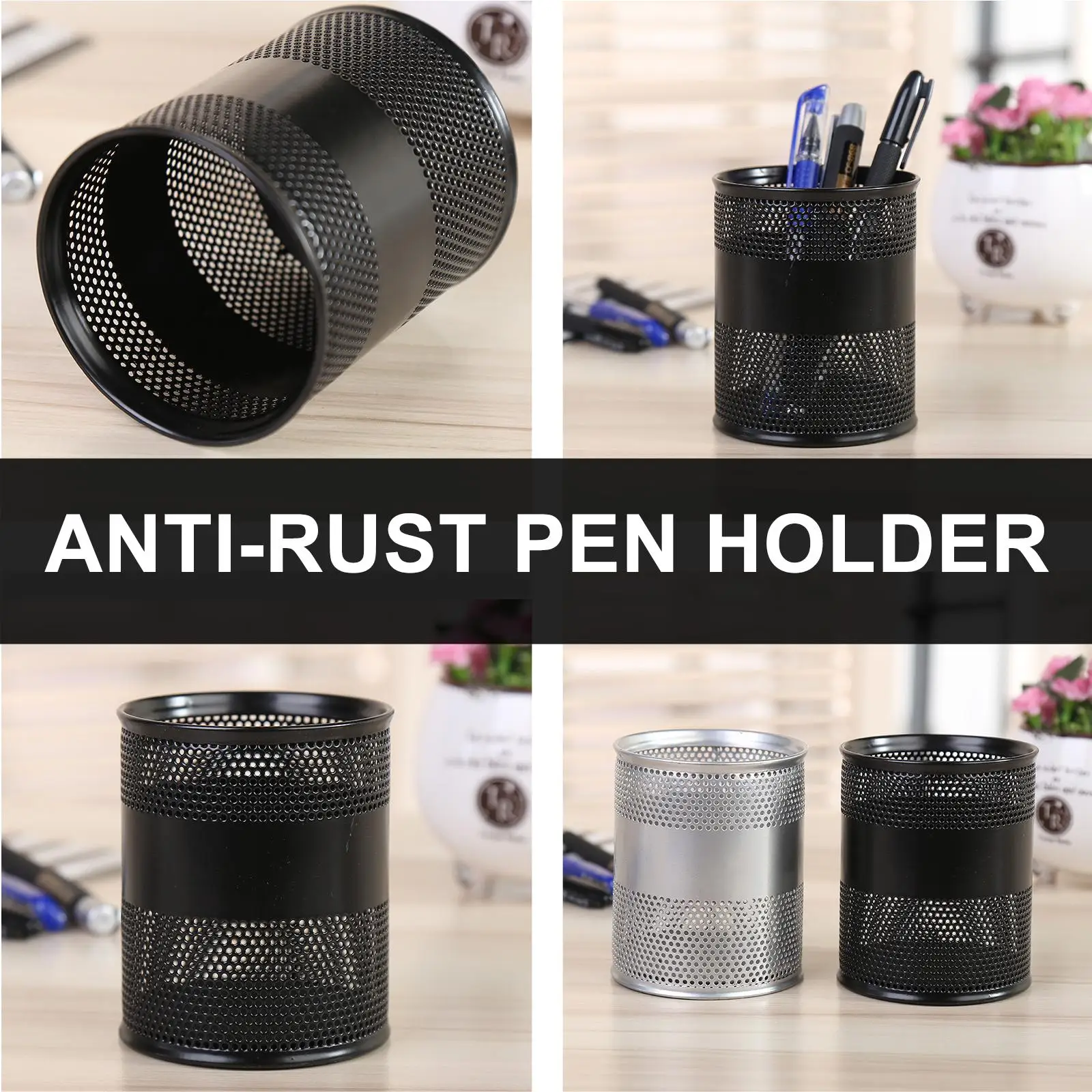 2 Pcs Metal Pen Holder Desktop Organizer Storage Box Wire Mesh Stationery Container Creative Design Iron