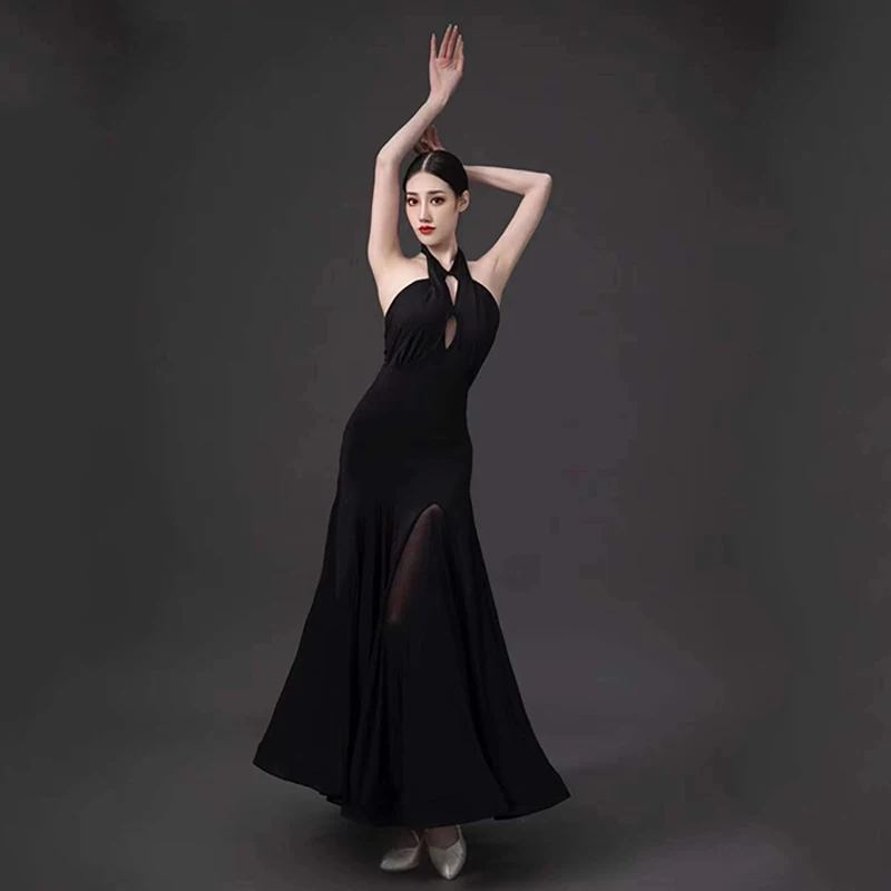 Sexy Ballroom Dance Kleid Frauen Modern Dance Kostüm Neckholder Schwarz Kleid Walzer Leistung Kleidung Tango Dancewear BL10243