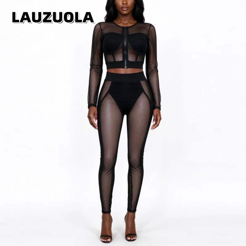 Women Mesh See Through 2 Piece Set Long Sleeve Zip Corset Crop Top High Waist Skinny Leggings Club Party Outfit Tracksuit