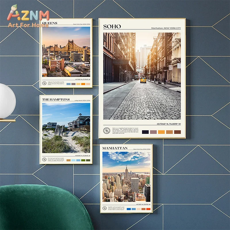 AZNM Frameless Canvas Poster New York USA Travel Print, NYC Skyline Central Park Mountain Vintage Landscape Tourism Wall Art Pic