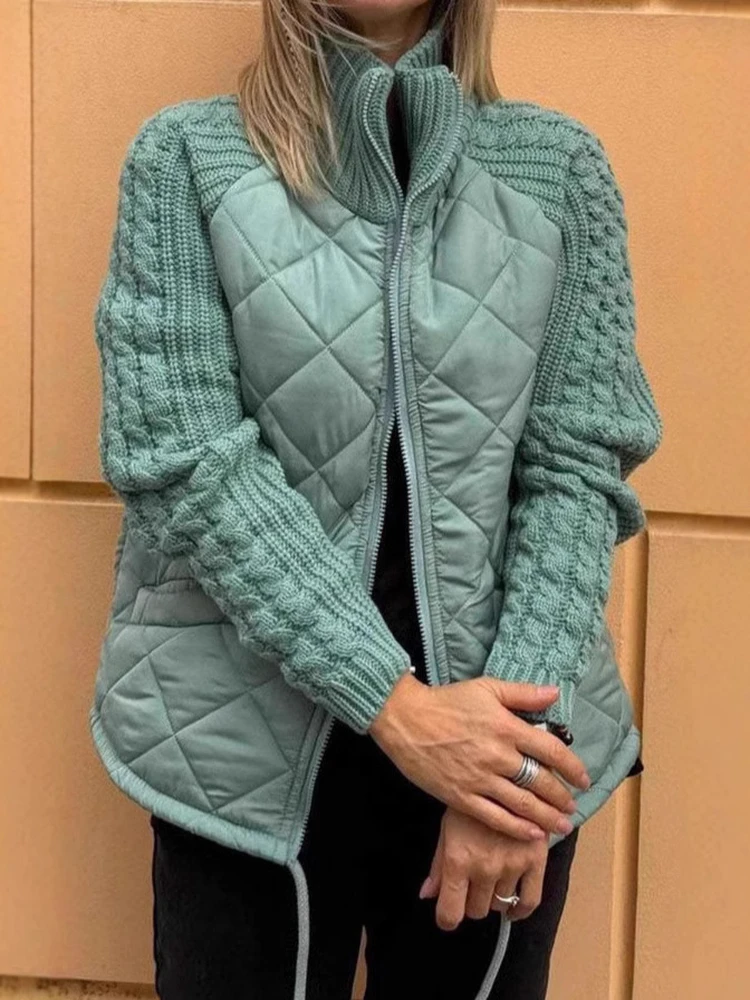 

Faionable Knitted Zipper Long Sve Stand Collar Women's Cardigan Cotton Jaet Street Sle Loose Fit Polyester Fiber