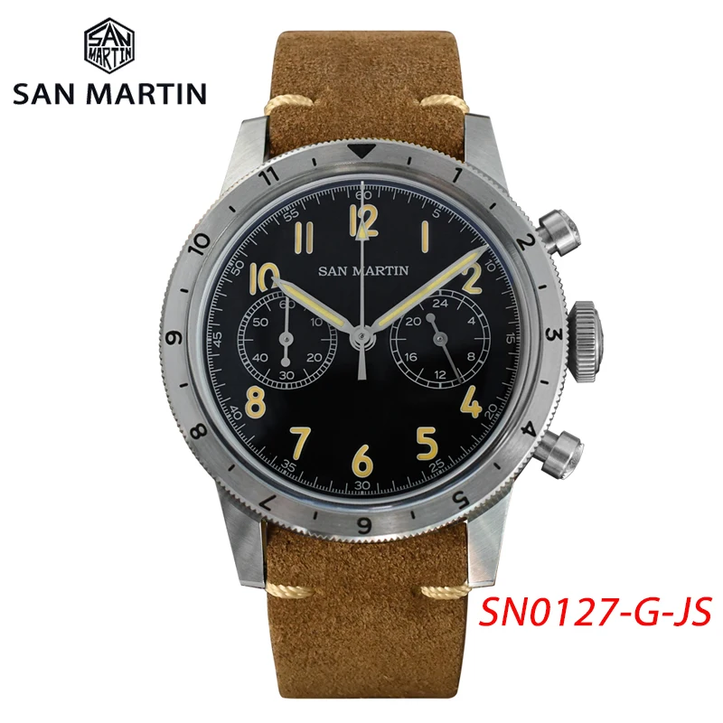 San Martin SN0127-G-JS Watch For Men\'s Retro Quartz VK64 Chronograph Watches Vintage 100m Waterproof Sapphire Luminous Clock