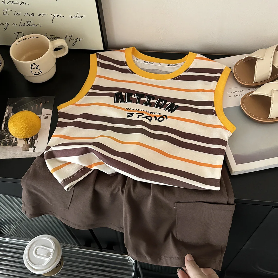 2026 Summer Casual Children Set 1-8Y Boys Grey Letter Pattern Tank Top+Cargo Shorts 2Pcs Clothes Stripe Children Suit