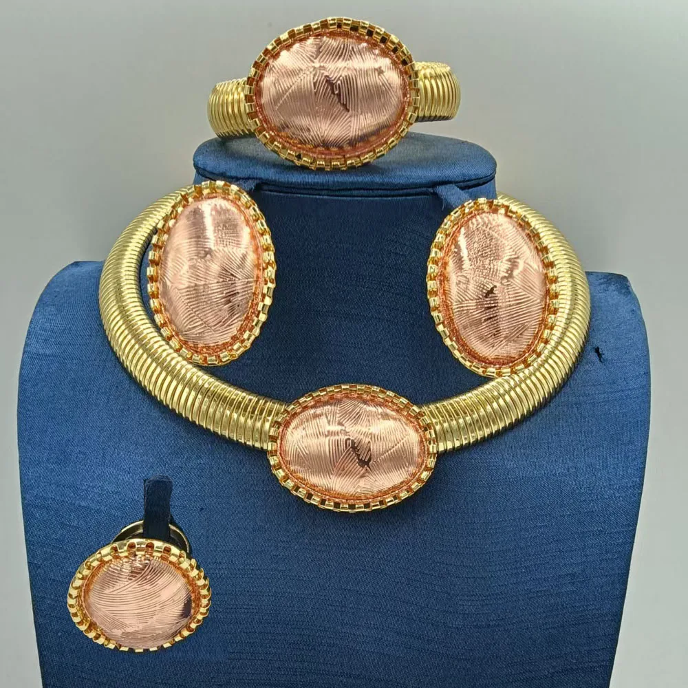 Simple Elegant Two Tone Oral Jewelry Set Fashionable Textured Necklace Bracelet Earrings Ring 4PC Jewellery for Wedding Party