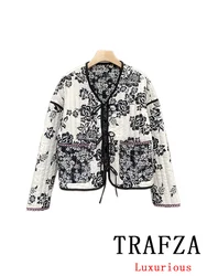 TRAFZA Vintage Casual Print Women Jackets Pockets V-Ncek Bow Lace-up Loose Thick Coats New Fashion 2024 Autumn Winter Outwear