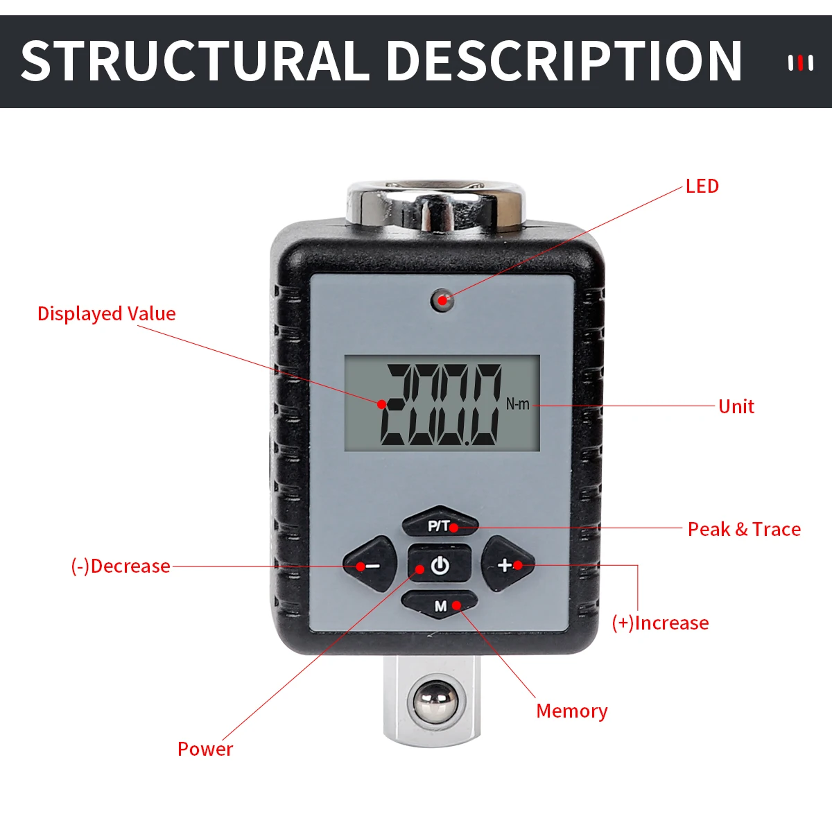 Onnfang Digital Torque Adapter 1/4 1/2in 0-340Nm Electronic Digital Torque Wrench Converter with Buzzer LED Indicators for Car