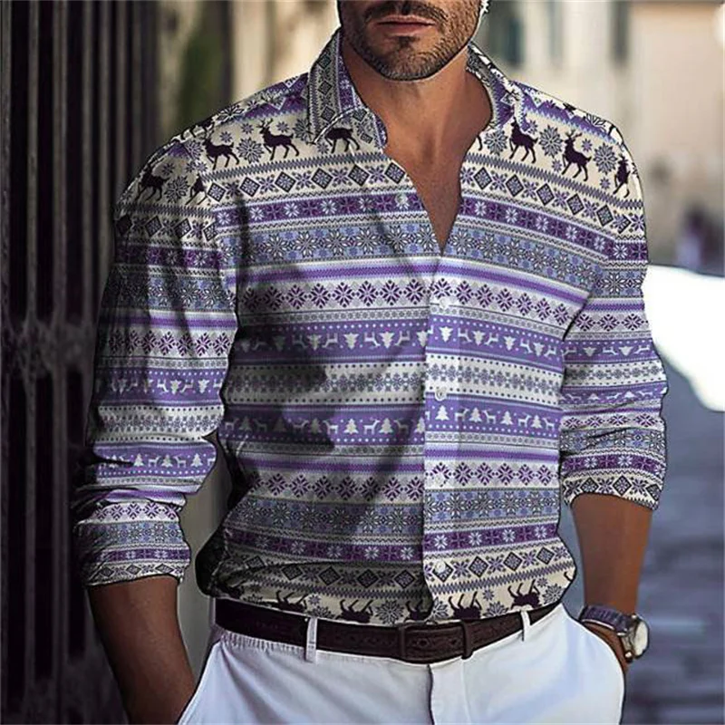 Hawaiian Men's Shirts Blue Plaid Color Block  Button Up Shirts Casual Summer Beach Shirts Long Sleeve Lapel Comfortable Clothing