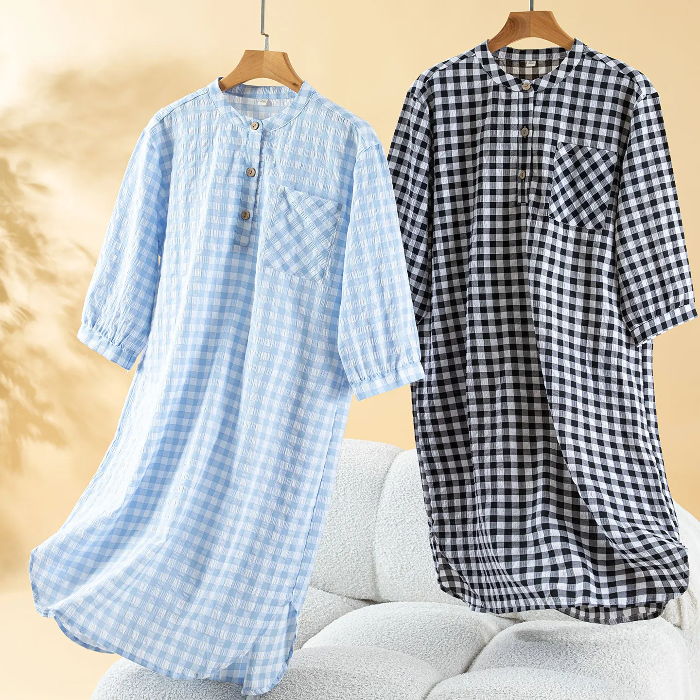 

Women's Plaid Print Cotton Half Sleeve Sleeping Dress Home Sleepwear Women Nightgown