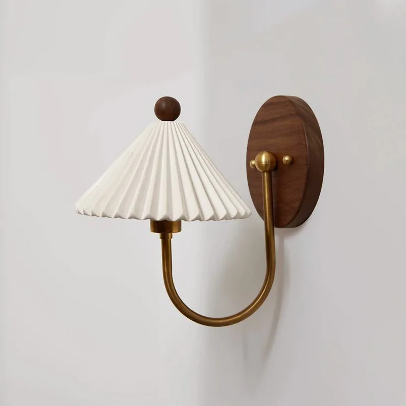 Creative Pleated Ceramic Umbrella-Shaped Wall Lamps Solid Wood Metal Retro Aisle Hallway Porch Bedside Living Room Iron Lighting