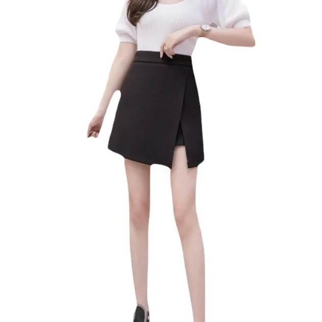 Black Asymmetrical Slit Mini Skirt for Women Autumn Fashion Polyester Fabric A-Line Hip Concealing Short Skirt Fresh Sweet Style