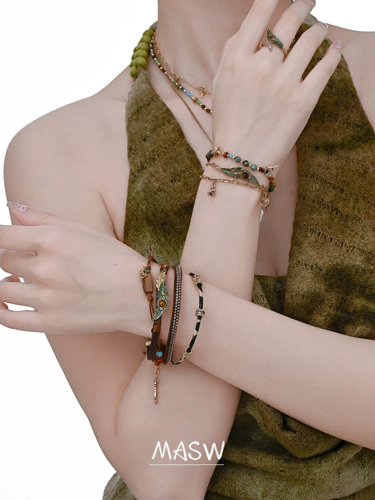 MASW Original Design Elegant Temperament Vintage green peacock feathers bracelet For Women 2026 Trend New Fashion Jewelry