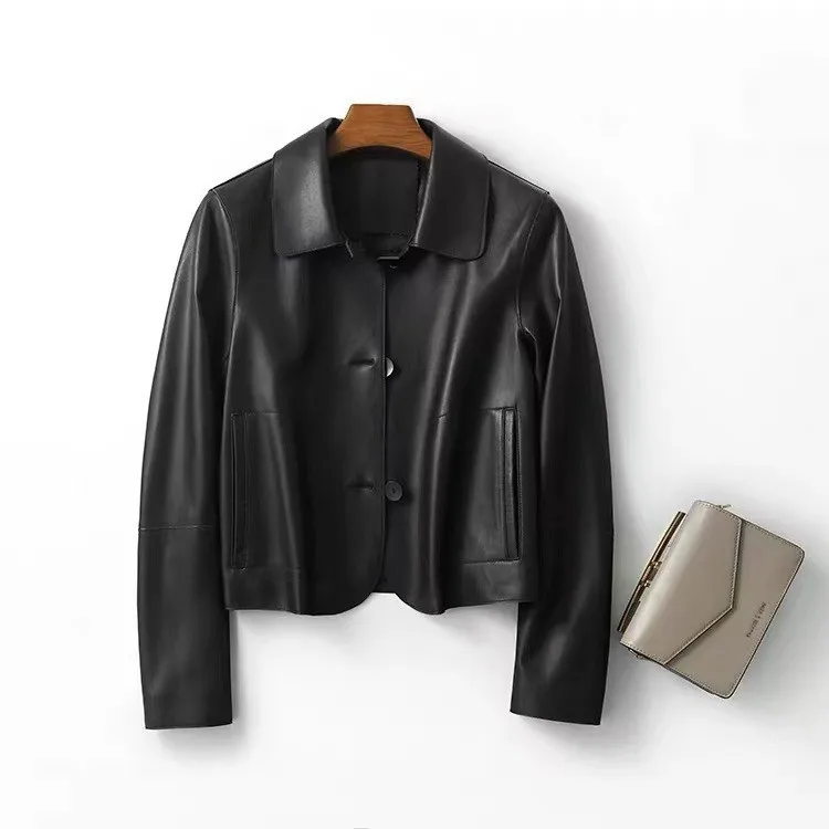 Women's Turn-down Collar Single Breasted Side Pocket Cropped Faux Leather Jacket Elegant Slimming Comfort All match Commute Coat