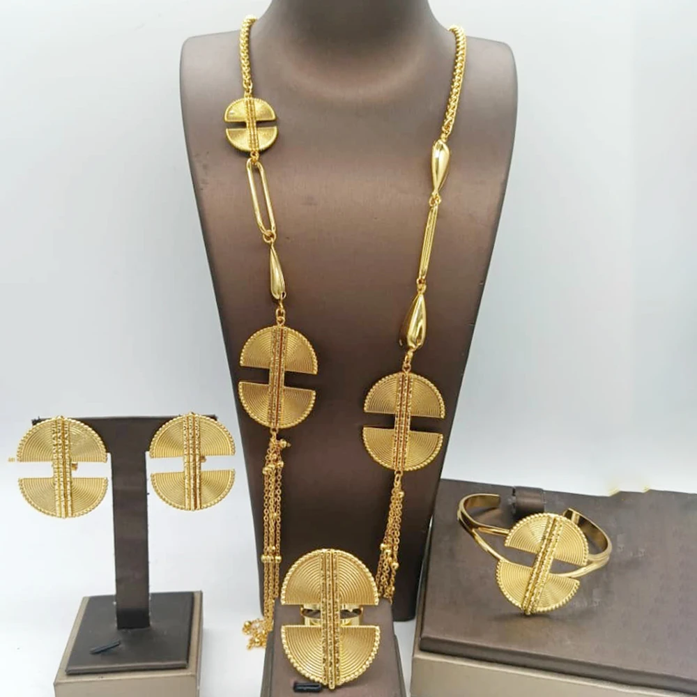 Women's Five Layer Trendy Long Chain Necklace Cuff Bangle Set
