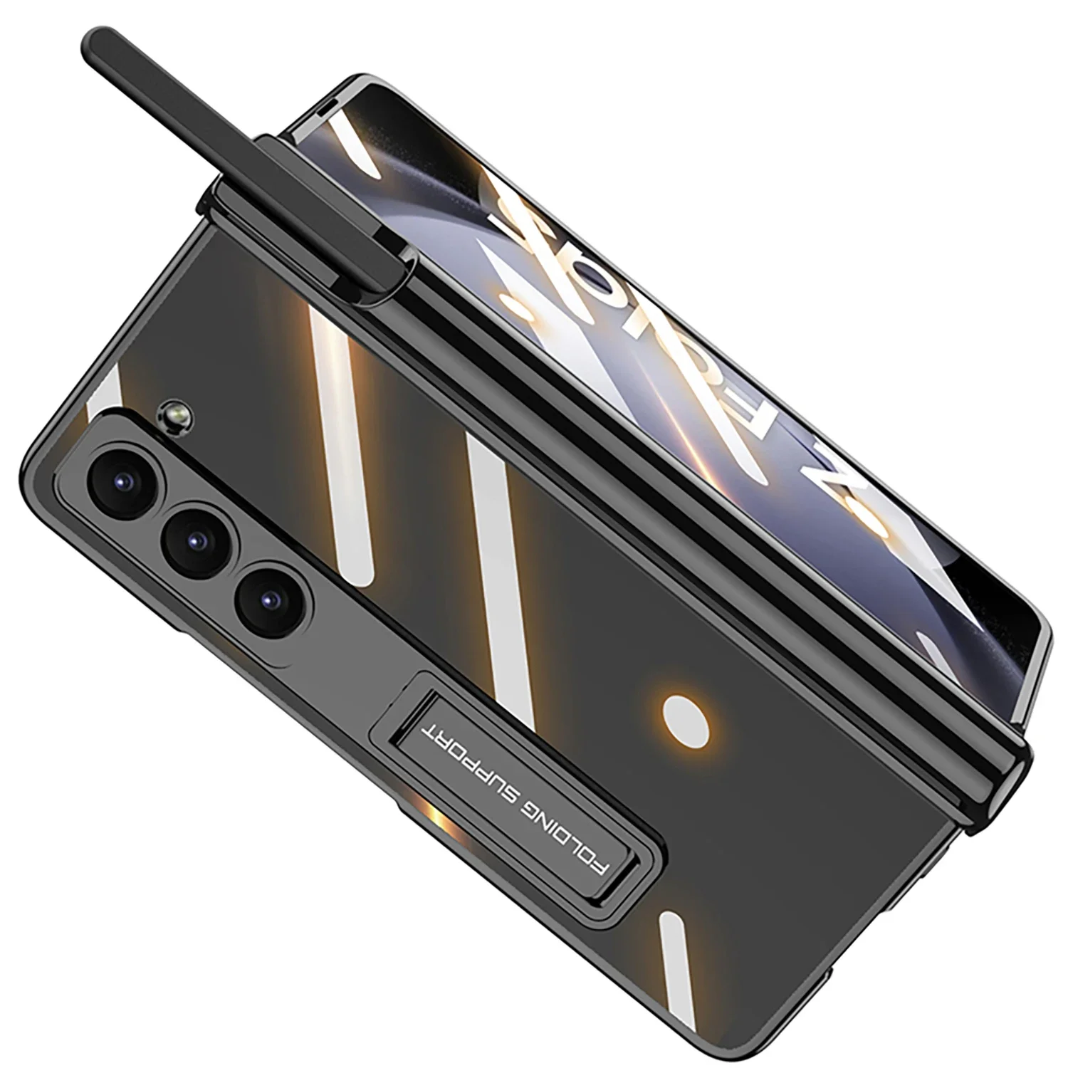 Magnetic Hinge Protection Pen Holder Plating Frame Clear Hard PC Cover For Samsung Galaxy Z Fold 5 Case with Screen Protector