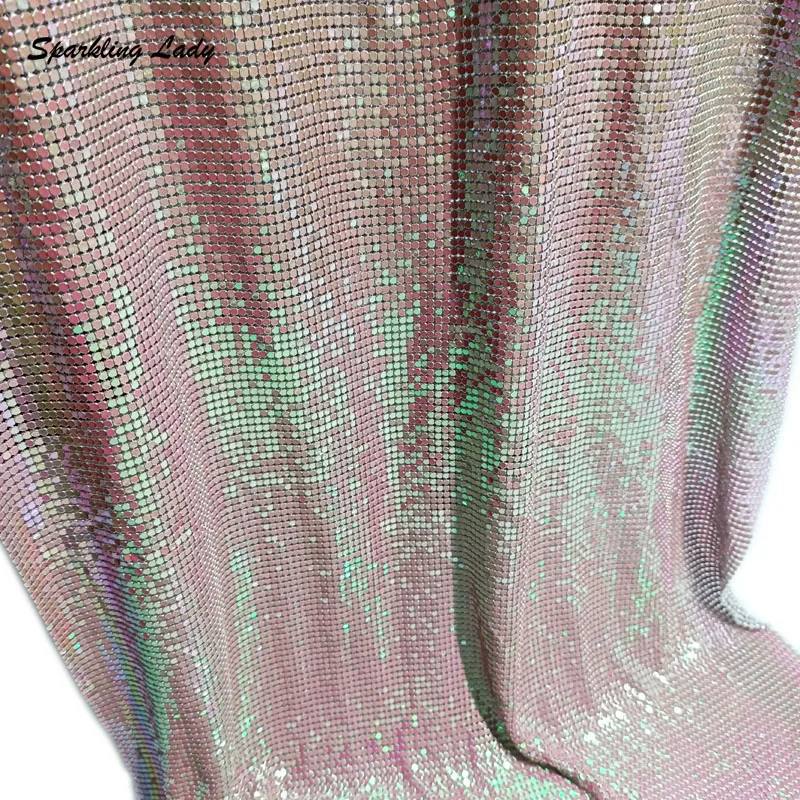 3MM Iridescent Pink Metal Mesh Fabric for Bling Fashion Glitter Sequin Cloth Chain Mail Dresses Tops Design Party Festival Decor