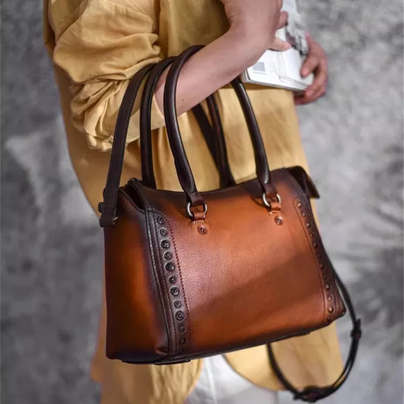 Casual vintage handmade genuine leather women's handbag weekend outdoor designer luxury real cowhide shoulder crossbody bag