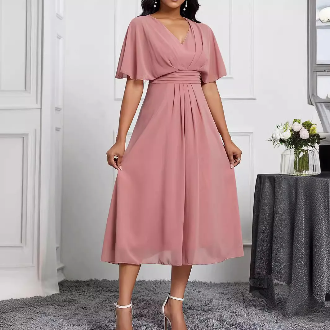 

Women Midi Dress Elegant Summer Chiffon Batwing Short Sleeve V-Neck High Waist Slim Fashion Bridesmaid Cocktail Party