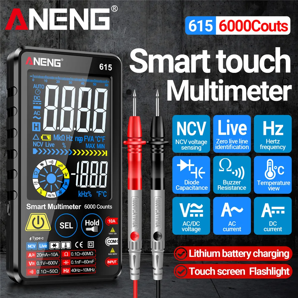 ANENG Multimeter 600V Smart Touch Multitester Diode Lithium Battery Charging Tester 6000 Counts AC/DC Voltage/Current Meters