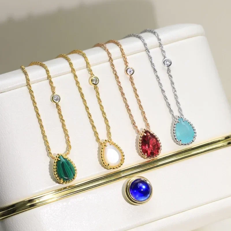 

Classic S925 Sterling Silver Colorful Gem Water Drop Necklace for Women's Simple Fashion Luxury Brand Jewelry Party Gift