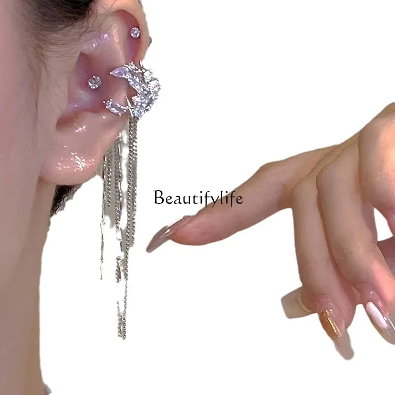 Zircon Mangstar Moon Earrings Female Tassel No Ear Piercing Earclip Temperament Long Cold Wind