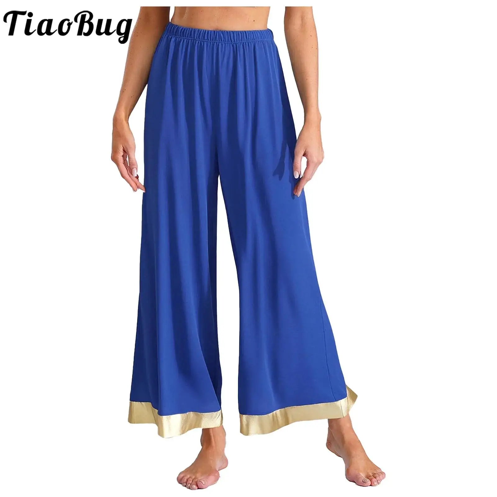 

Women Dance Worship Praise Lyrical Dancing Costume Pants Elastic Waist Metallic Shiny Trim Wide Leg Trousers for Celebrations