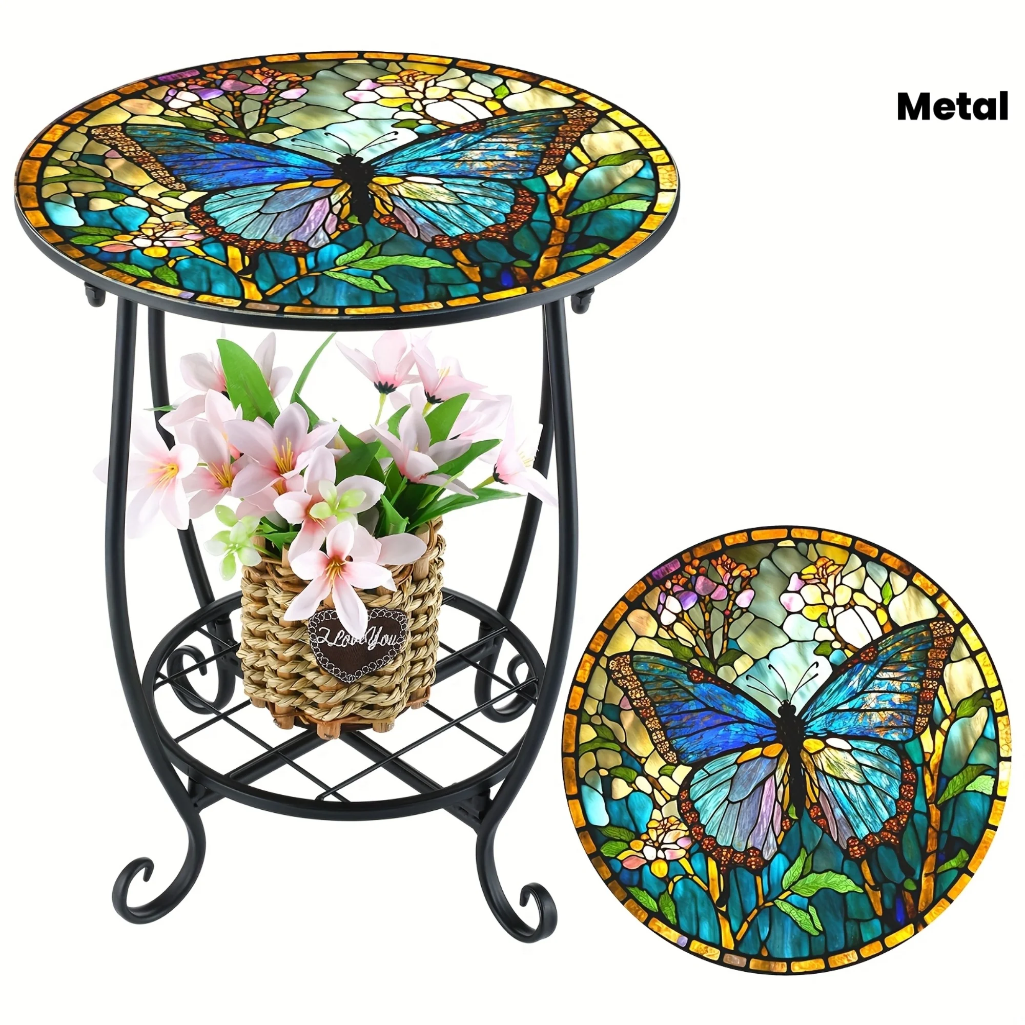 

[Patio Accent Table] 14 Outdoor Side Table Round Small Mosaic Patio Accent Indoor End Plant Metal Coffee Tea Table For Yard