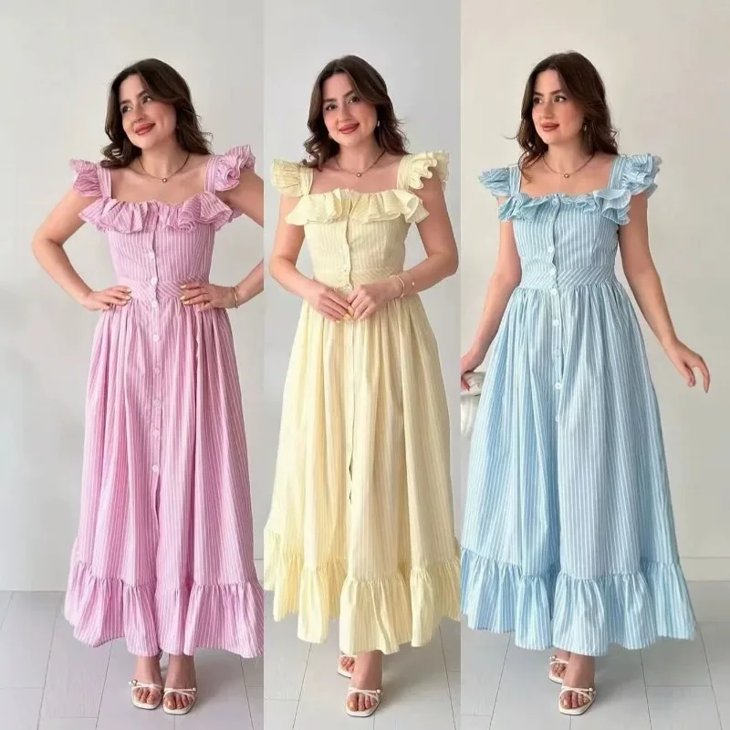 Women 2026 Early Spring New Hot Selling Sweet Fresh Striped Maxi Dress Lace Trim Commute Vacation Trendy Chic Elegant Daily Hit
