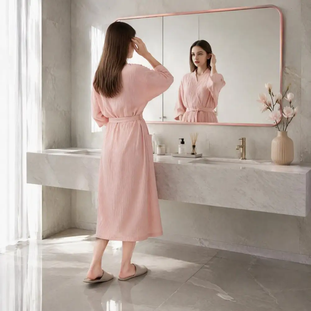 Women Cotton Bathrobe Absorbent Bath Robe with Pockets Lightweight Soft Breathable Quick Dry Bath Robe for Shower Spa