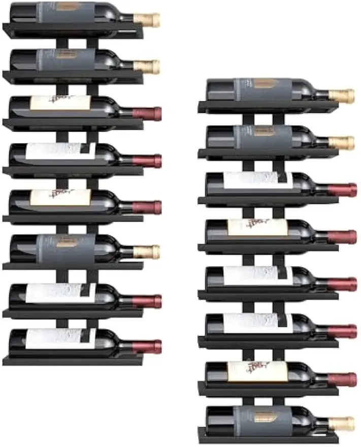 

2-Set 8-Tier Wall Mount Wine Rack, Holds 16 Bottles, Space-Saving Black Organizer for Living Room, Bar