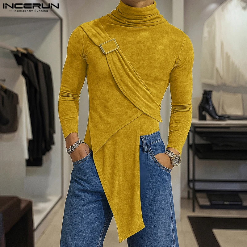 INCERUN الرجال تي شيرت بلون الياقة المدورة طويلة الأكمام محبوك عادية الذكور المحملة القمم الشارع الشهير 2025 موضة غير النظامية تي شيرت