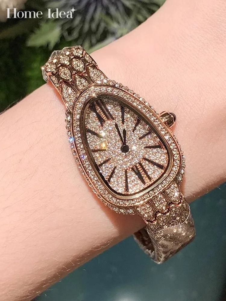 Luxury Women Snake Pattern Shiny Diamonds Studded Quartz Watch Office Ladies Work Wristwatch Fashion Birthday Gift Jewelry