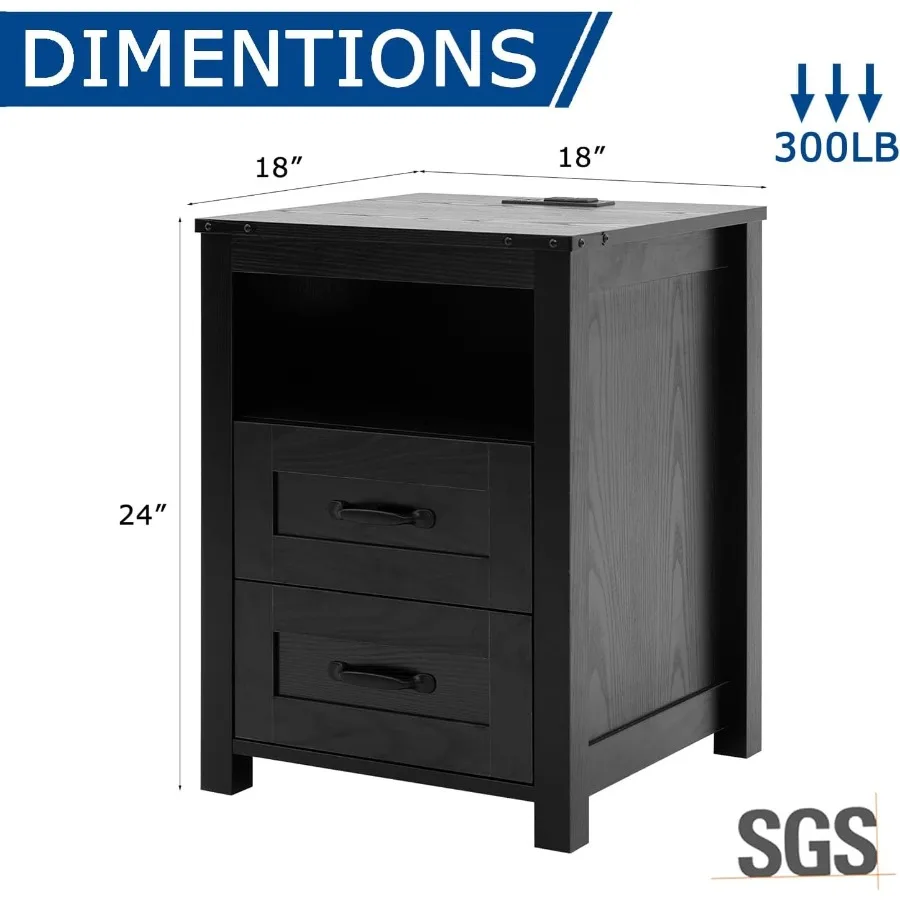 مجموعة منضدة المزرعة مكونة من طاولتين بجانب السرير باللون الأسود الريفي مع حامل ليلي بأدراج لطاولات نهاية غرفة النوم مع محطة شحن #3