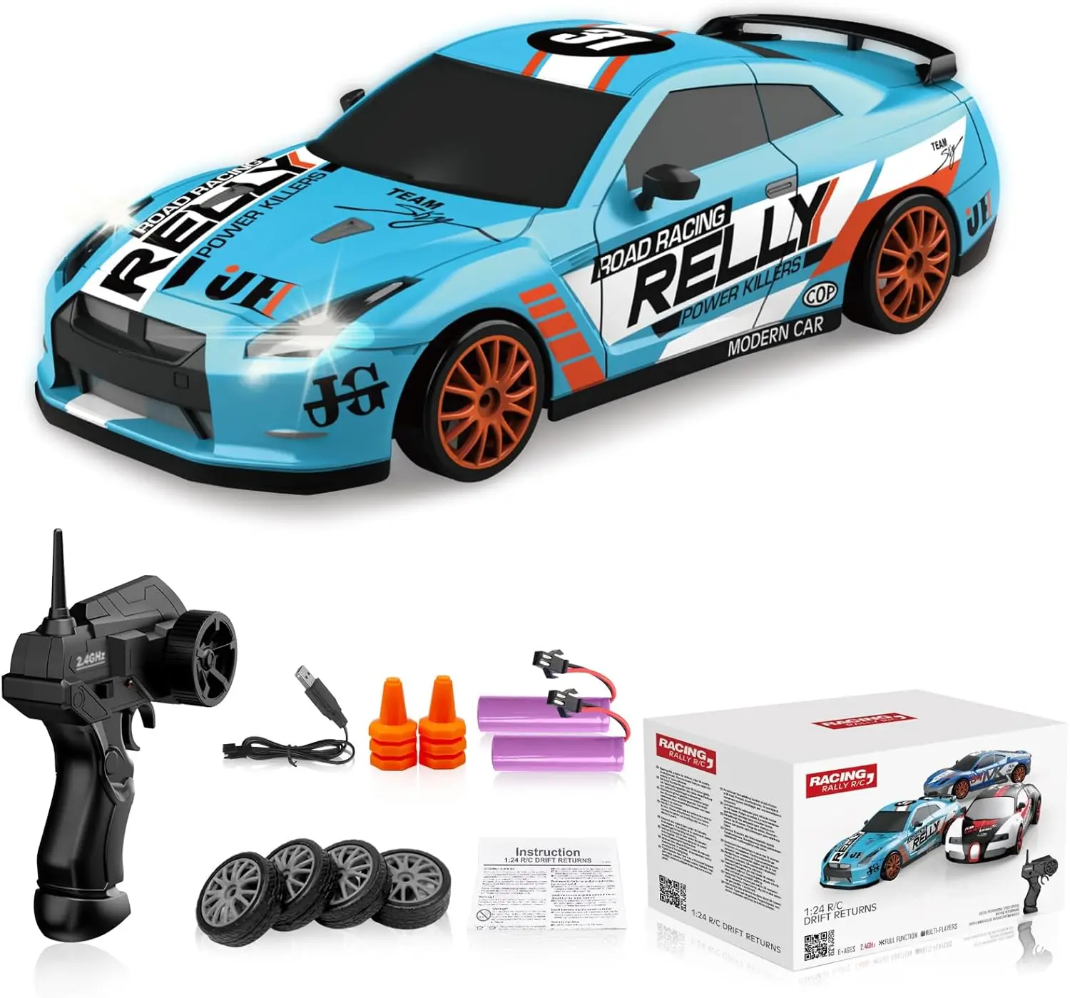 

RC Drift Car Remote Control Car 2.4GHz 1:24 Scale 4WD 15KM/H High Speed Model Vehicle LED Lights Drifting Tire Racing Sport Toy