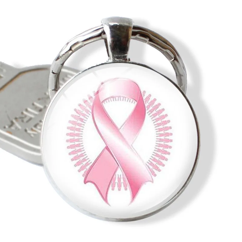 Breast Cancer Awareness Pink Ribbon Keychain Pendant Time Stone Metal Keyring Creative Gift