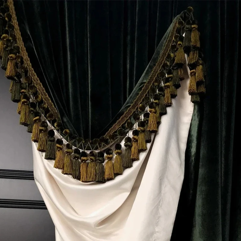 Luxury Retro Dark Green Velvet Tassels Thickened Blackout Curtains for Living Room Bedroom French Window Villa