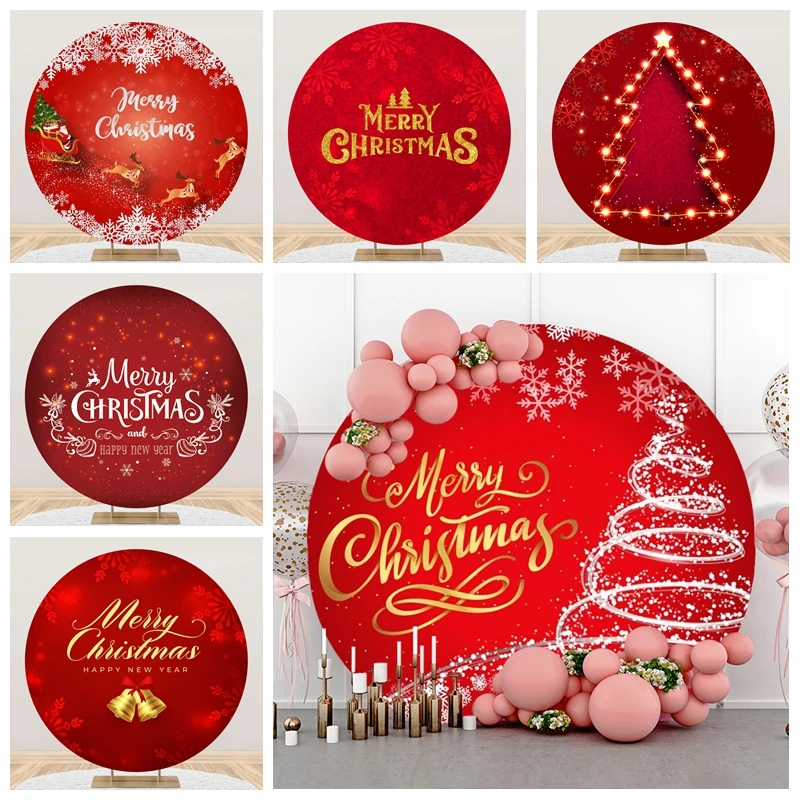 

Christmas Round Backdrop Cover Red Bell Glitter Spot Snowflake Xmas Tree Kids Family Party Christmas Background for Photography