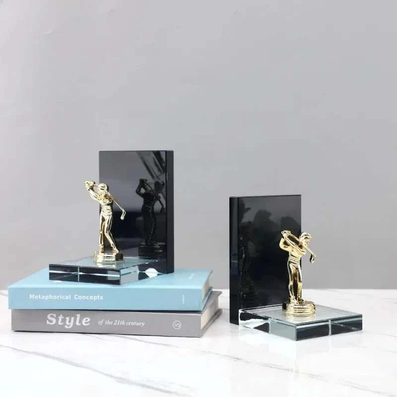 Golden Golf Player Sculpture Abstract Ornaments Crystal Base Desk Decoration Library Bookshelves Bookend Room Aesthetic Decor