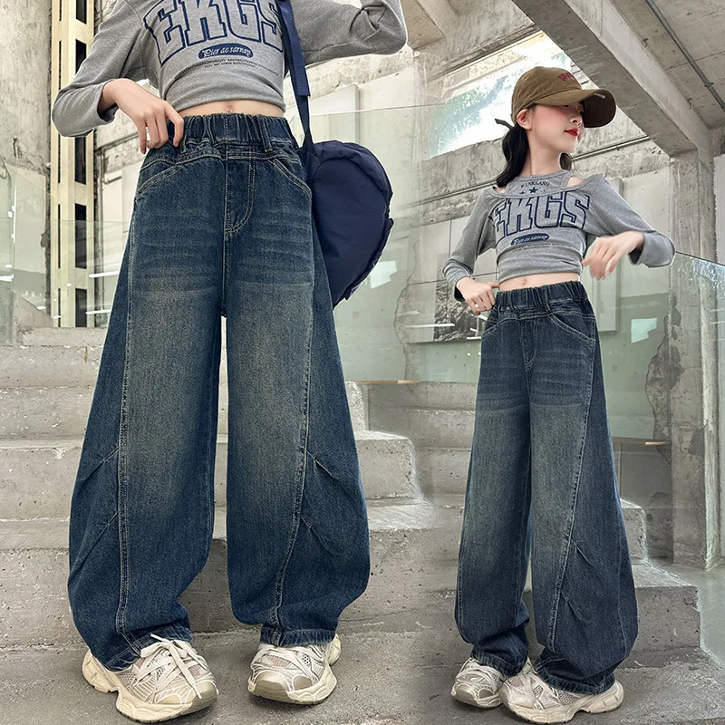

Girls Wide-leg Jeans Girls Spring Autumn High Waist Casual Denim Pants Teen Children Versatile Banana Curved Knife Pants